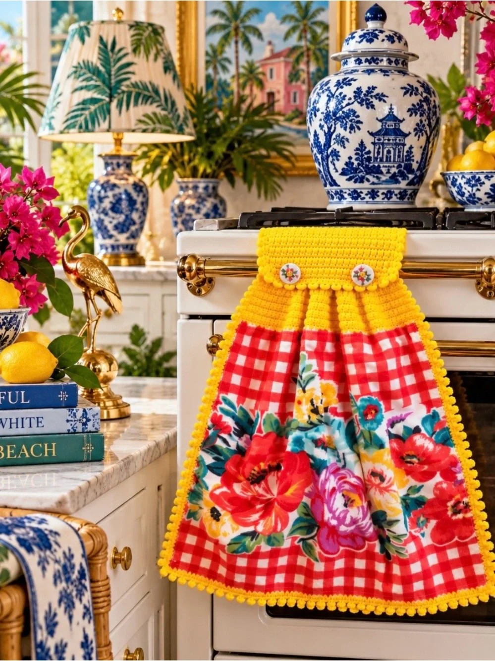 Pioneer Woman Floral Gingham Crochet Hanging Kitchen Towel